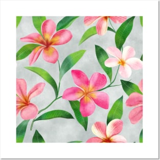 Tropical plumeria flowers and leaves watercolor seamless pattern. Exotic pink flowers composition. Colorful floral summer arrangement on textural background Posters and Art